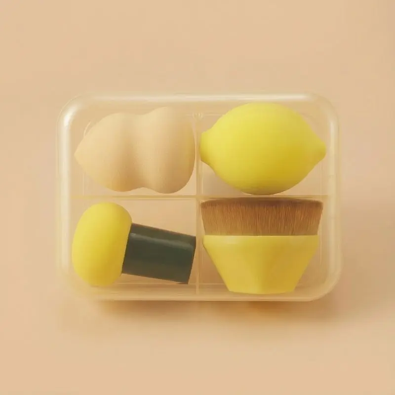 4-piece colorful base makeup sponge set in clear PP storage case